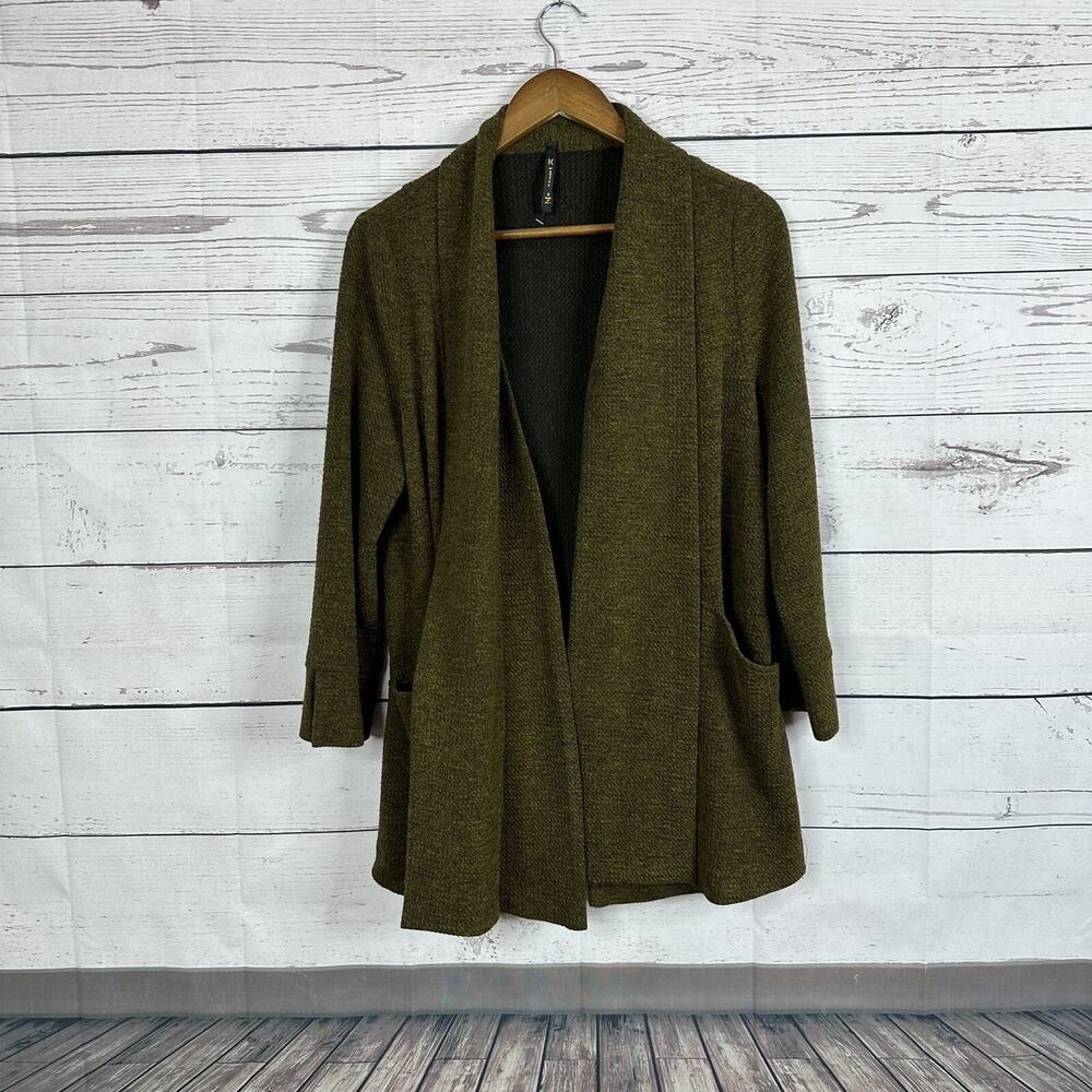 IC Connie K Sweater Womens Small Green Olive Texture Open Artisan Cardigan Knit